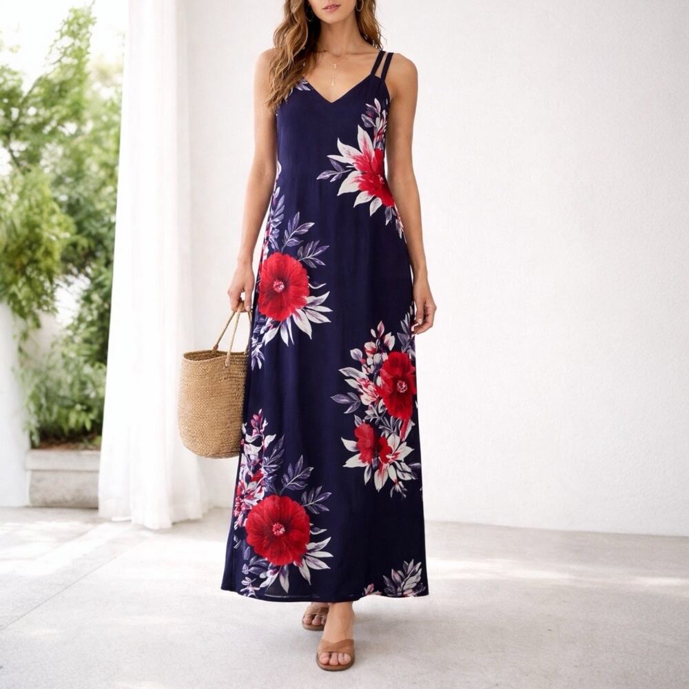 Banana Republic Heritage Blue Floral Patio Maxi Dress Size 2 V-Neck Double Strap